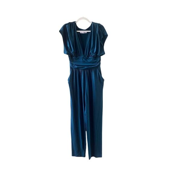 Susana Monaco Dark Teal Peacock Plunge V Neck Pantsuit Jumpsuit XL - Picture 6 of 11